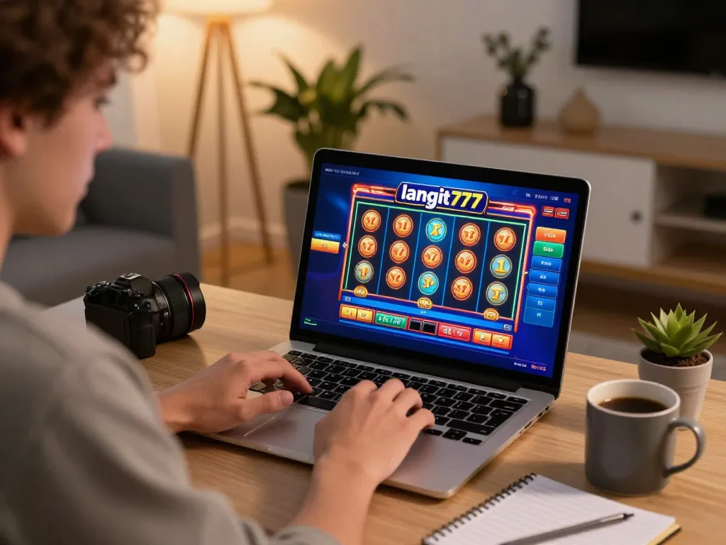 Engaging gaming session with langit777 slots on laptop, cozy home office atmosphere.