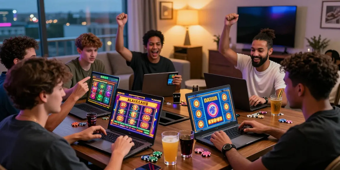 Players enjoying buy feature slots in an exciting online casino atmosphere with vibrant colors and lively setting.