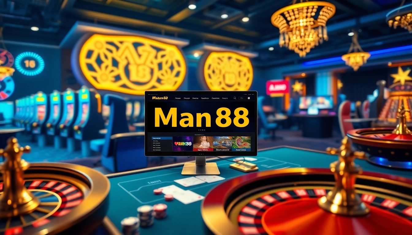 Man88 casino scene with vibrant slot machines and roulette wheels inviting players to engage in thrilling table games.