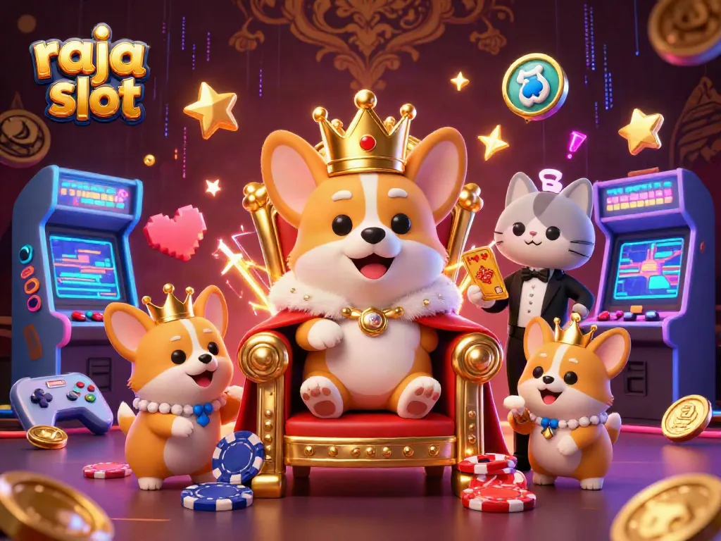 Bermain raja slot dengan koran corgi bermahkotakan emas dan kartu emas di pesta kasino yang megah.