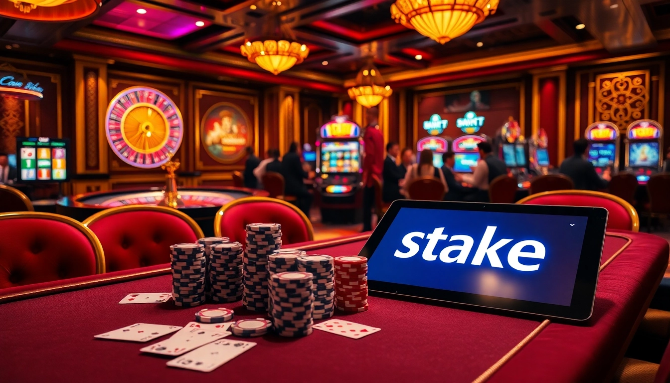 סצנת קזינו מרתקת המדגישה את Stake באמצעות שבבי פוקר ובמכונות מזל צבעוניות.