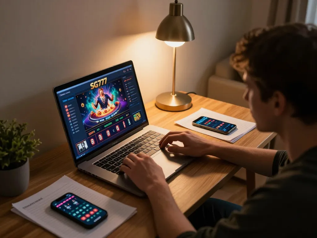 Engaged player strategizing at home with SG777 online gaming interface