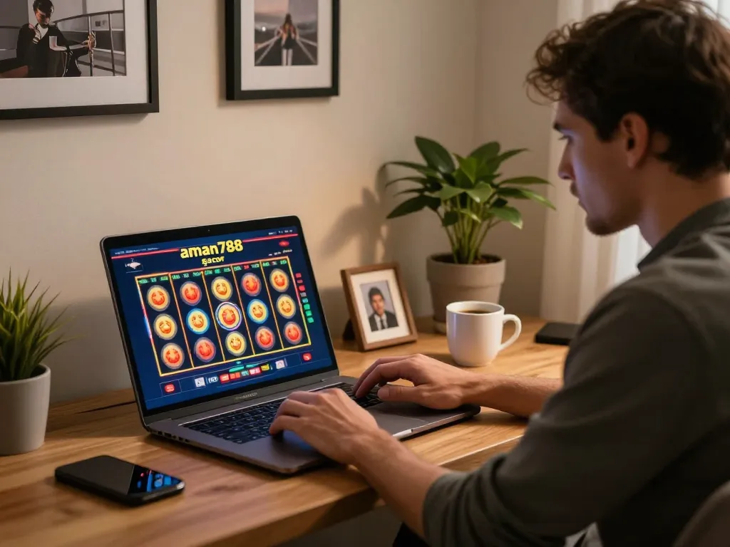 Gambling at home on aman788 slot gacor, engaging with dynamic spinning reels on laptop.