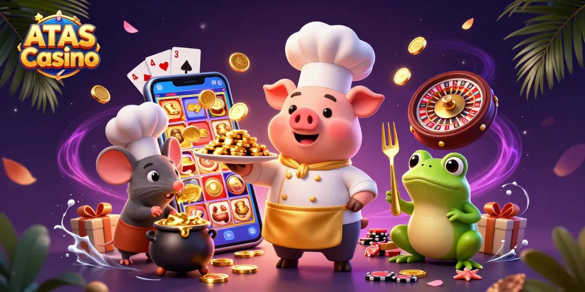Experience the thrill at ATAS Casino with a playful scene of colorful characters and casino elements bursting with energy.