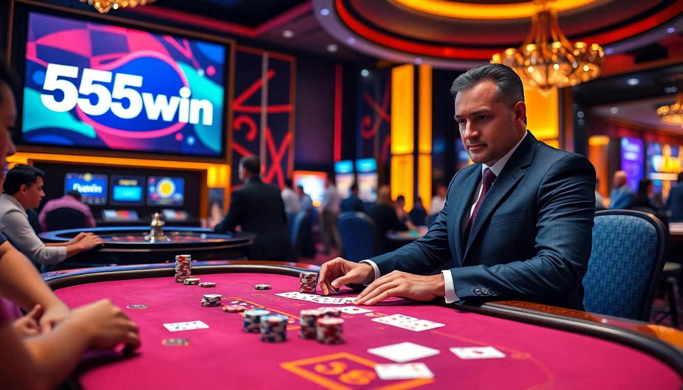 Players enjoying poker at 555win's luxurious table with vibrant casino elements