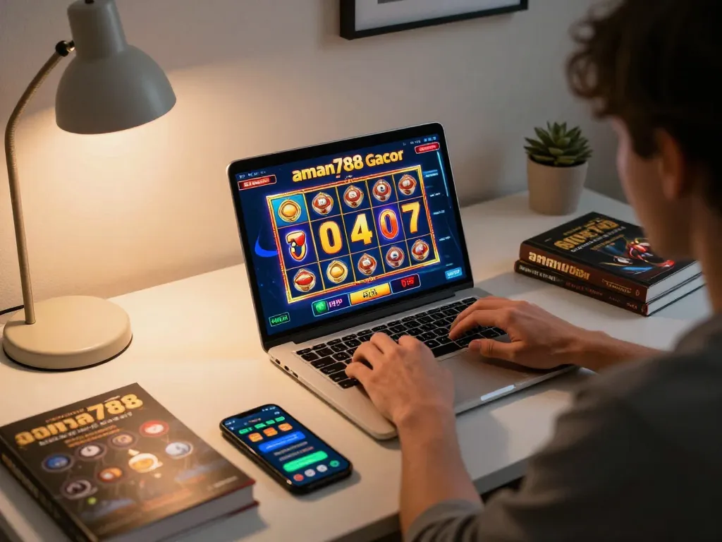 Berkecimpung dalam gameplay aman788 slot gacor di laptop yang elegan, menampilkan grafis yang cerah dan notifikasi kemenangan besar.