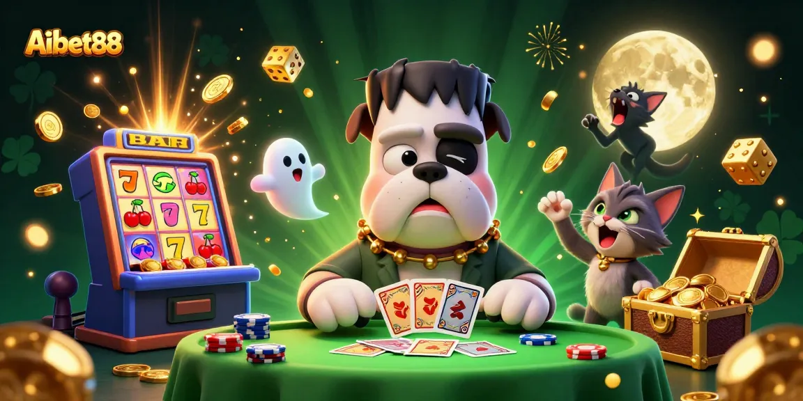 Aibet88 brings excitement to players with a whimsical 3D scene featuring a Frankenstein bulldog at a casino table.