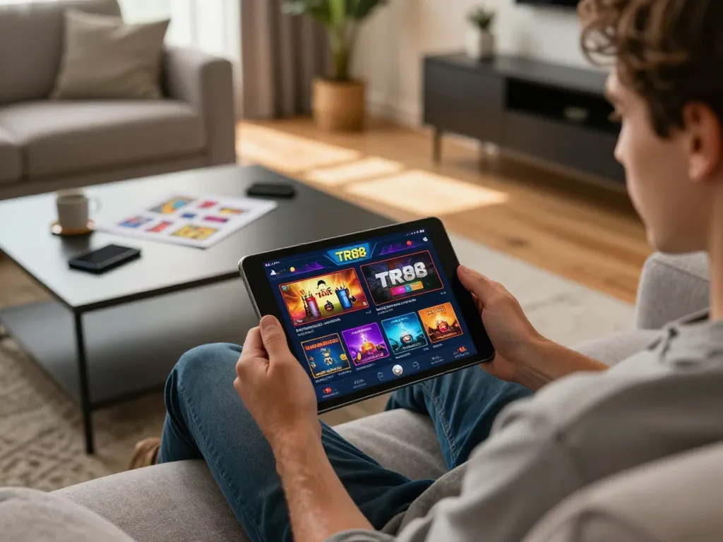 Player engaging with TR88 casino app on tablet in a cozy home setting, showcasing online gaming excitement.