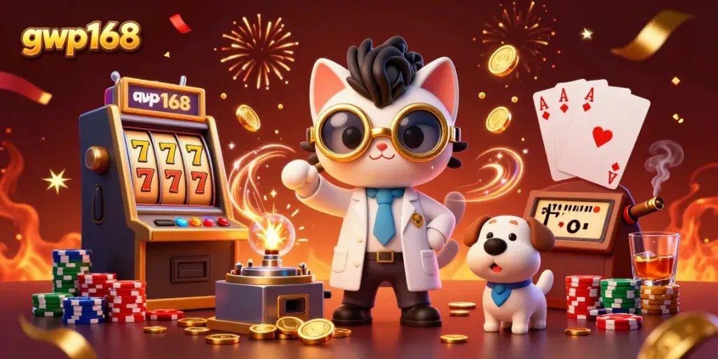 Menangkan jackpot dengan gwp168, ilustrasi 3D kasino dengan mesin slot dan karakter unik.