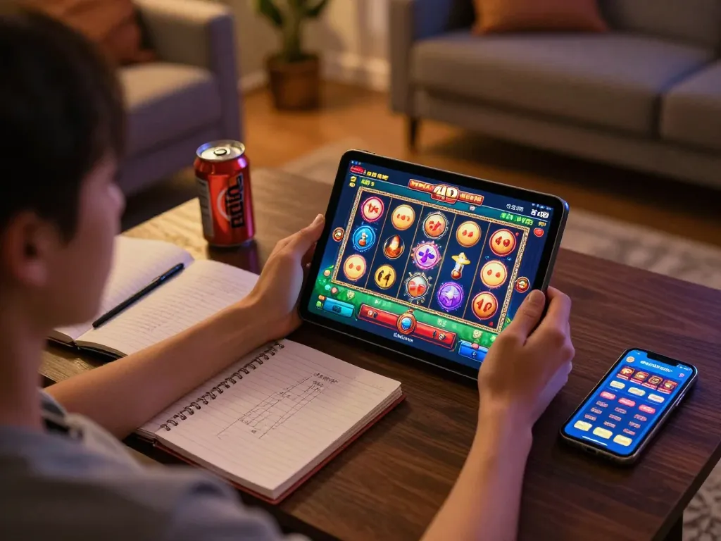 Playing slot 4d on a tablet in a cozy home gaming setup with strategic notes and drinks.