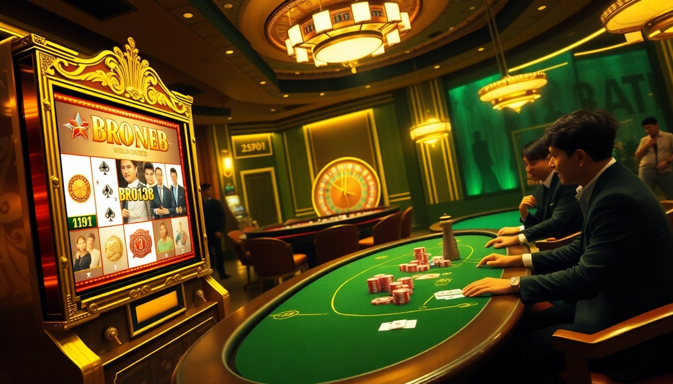 Players winning big on Bro138 slot machines in a luxurious casino setting.
