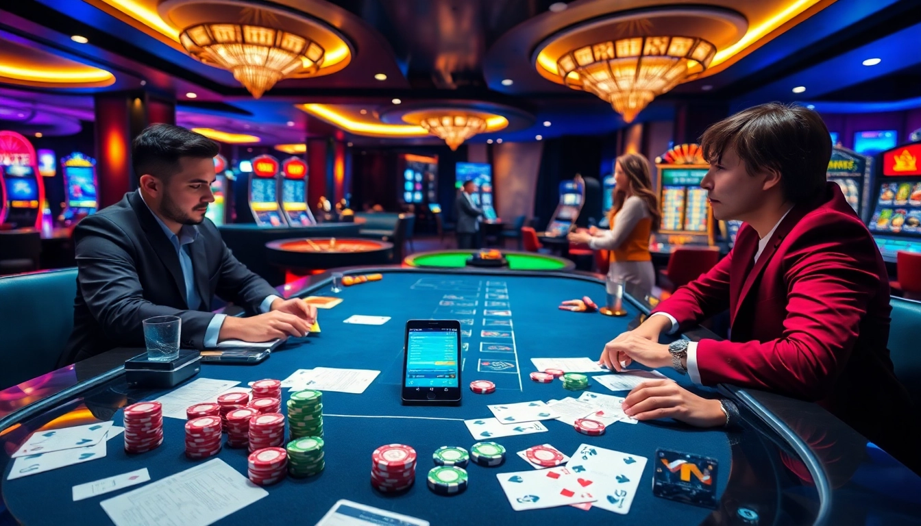 Experience the thrill of trang web cược bóng đá with professional gamblers strategizing at a casino.