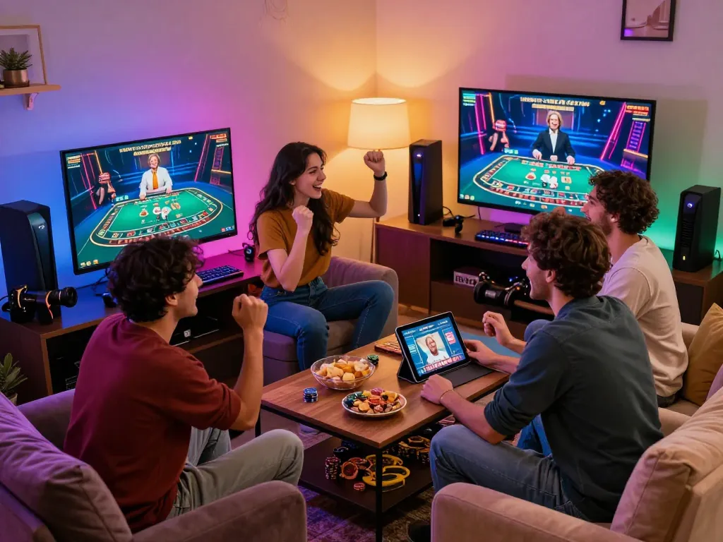 Exciting social gaming scene with friends playing free credit baccarat online, cheering at live dealer gameplay amid colorful LED lighting.