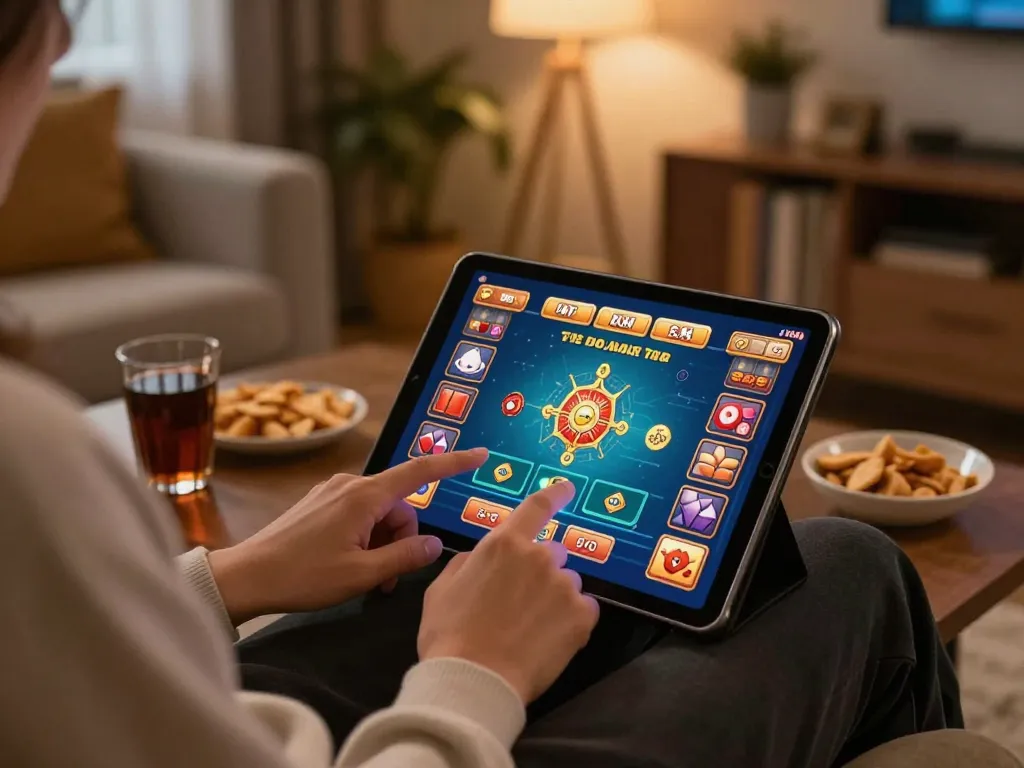Player enjoying sc88 online casino game on tablet in a cozy home setting, engaging in responsible gambling.
