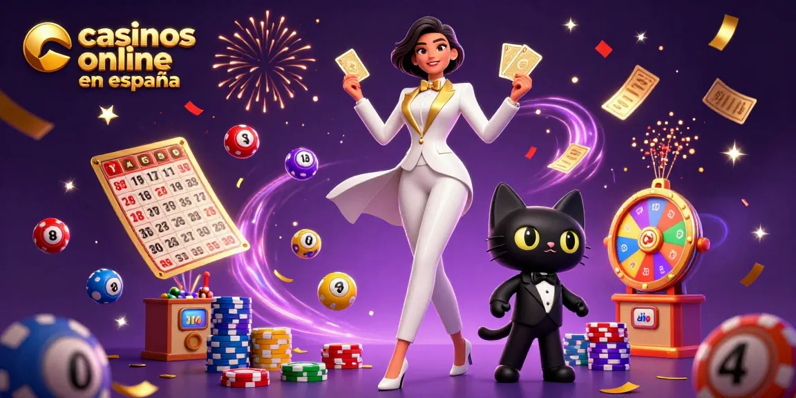 Experience casinos online en españa with vibrant action as a glamorous woman shuffles cards surrounded by festive gaming elements.