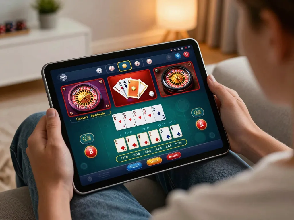 Engaging in online casino games using the OKFUN app, showcasing thrilling gameplay on a colorful tablet screen.