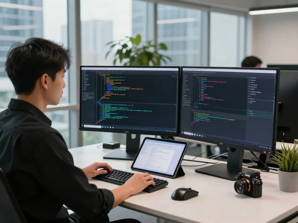 Software developer coding in a modern office, showcasing the A80 website development.