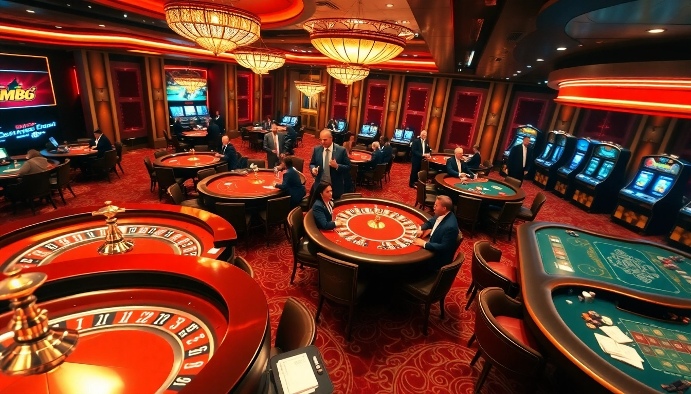 Players engaging in high-stakes gameplay at MB66's radiant casino tables with roulette wheels and poker chips.