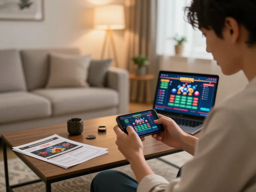 Player enjoying link mm88 on a smartphone at home, with gaming strategy notes visible.