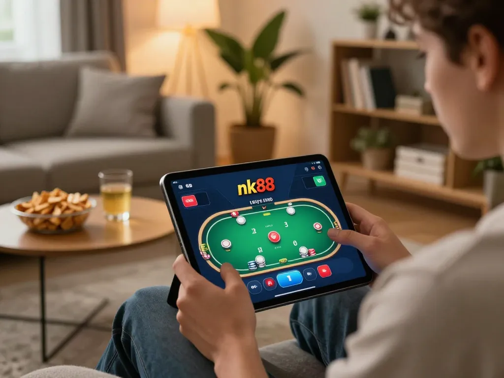 Engaging with nk88 mobile app for poker in a cozy home setting with snacks nearby