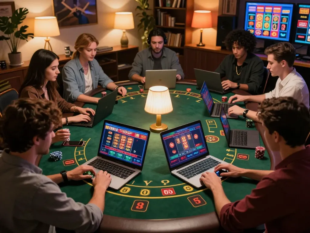 Players engaged in online gambling showcasing badak178 at home with warm ambiance and strategic gameplay.
