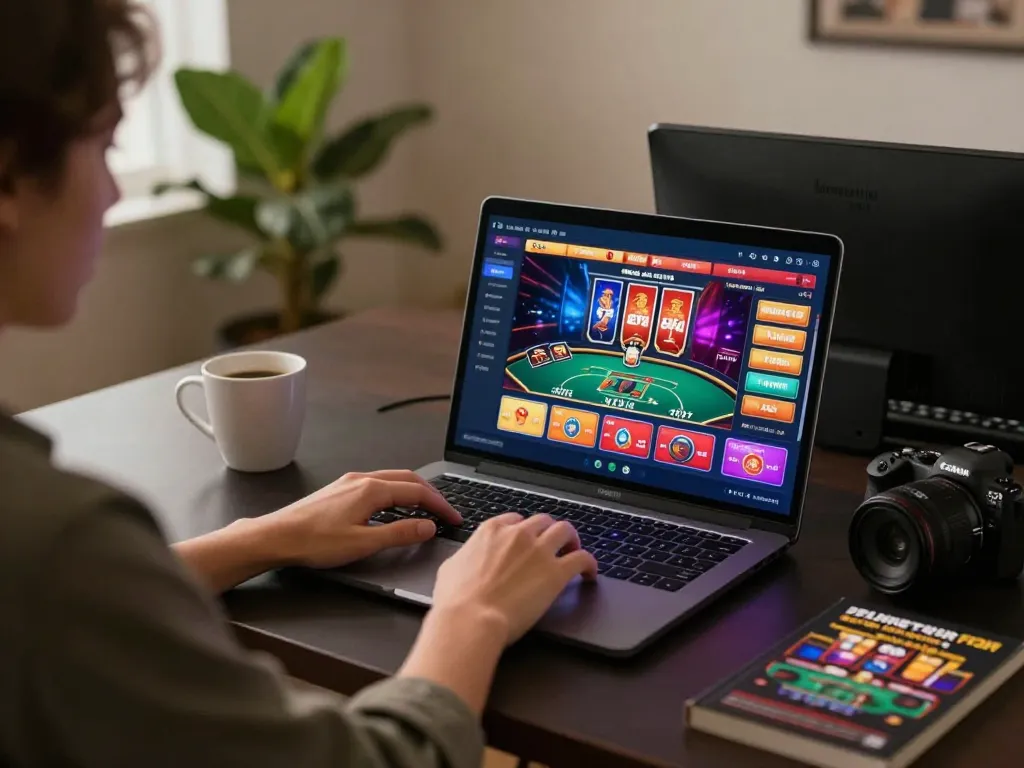 Playing online casino games at home via https://f168.osaka/, featuring vibrant interface and cozy atmosphere.