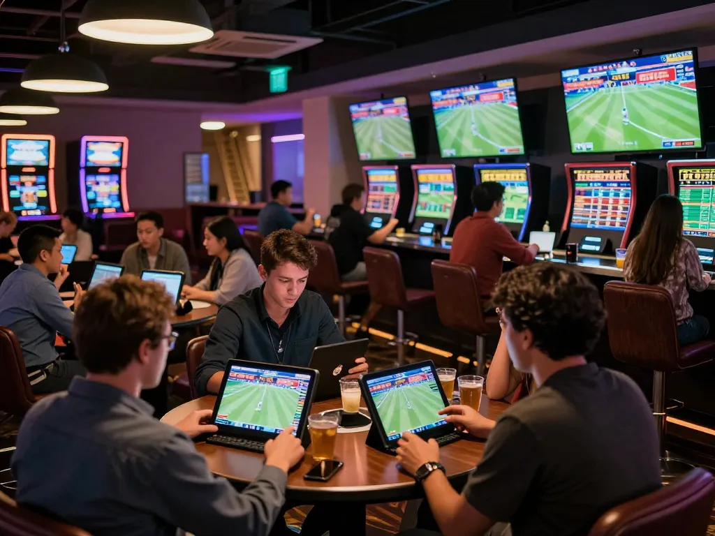 Engaged sports bettors analyzing odds at https://vikubet.com/ in a vibrant casino sports lounge.