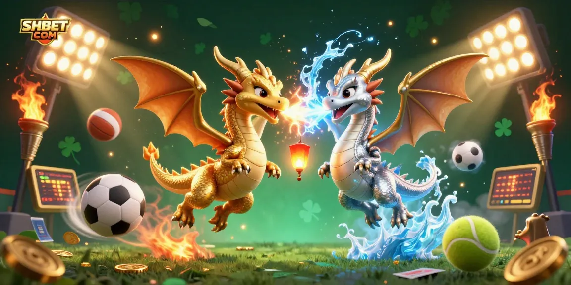 Experience the dynamic world of SHBET COM with thrilling dragons and sports action in this vibrant casino illustration.