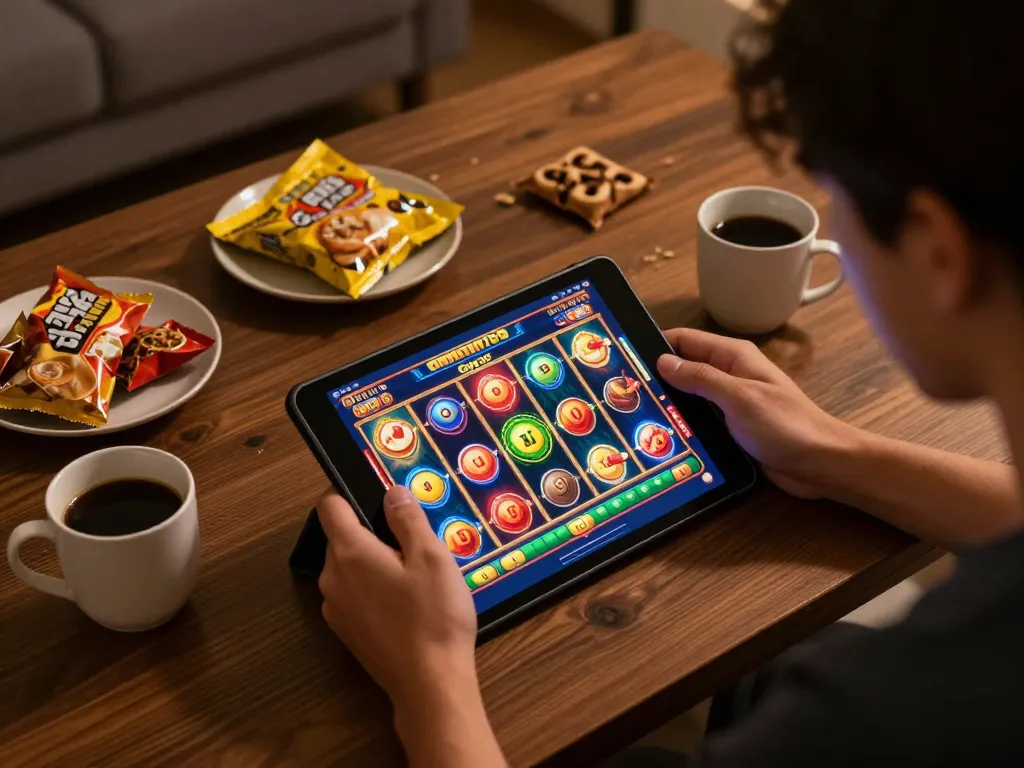 Momen menarik dalam permainan aman788 slot gacor di tablet dalam suasana rumah yang nyaman.