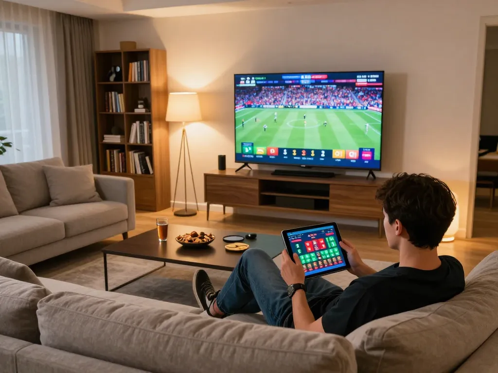 Kèo nhà cái 5 user engaged in online betting on a tablet, cozy home setup with sports on TV.