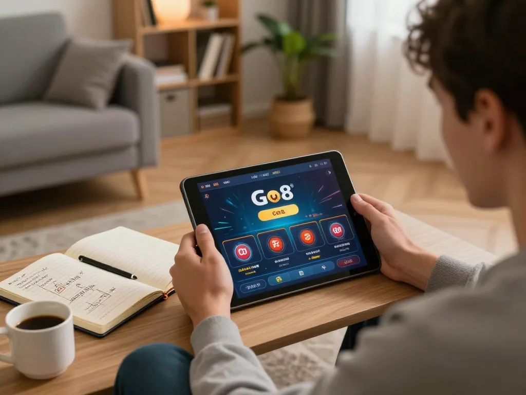 Player enjoying a Go8 casino game on a tablet in a cozy home setting, highlighting responsible gaming.