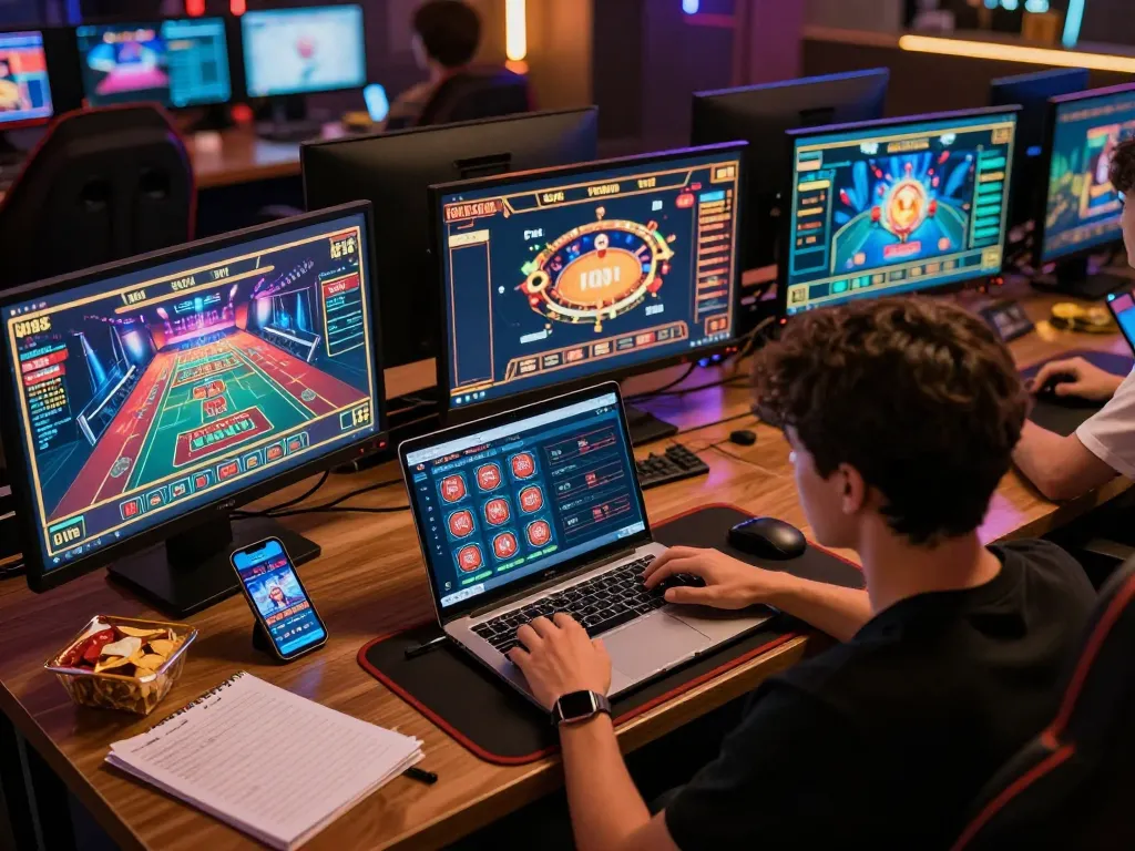 Player engaging with f8betlv on multiple screens during an online casino session, showcasing a modern gaming setup.