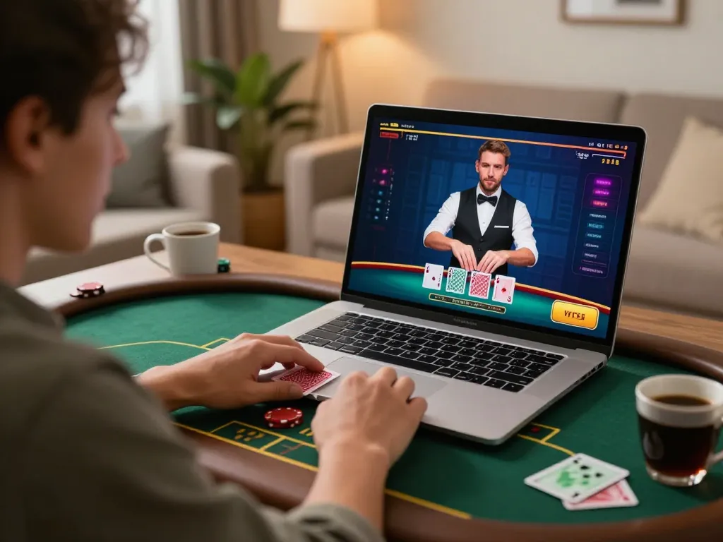 Player engaging with tg88 live dealer poker game on laptop in cozy home setting