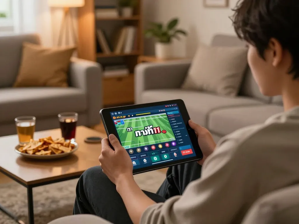 Engaging in online gambling at home with sports betting app ทางเข้า m111 visible on tablet screen