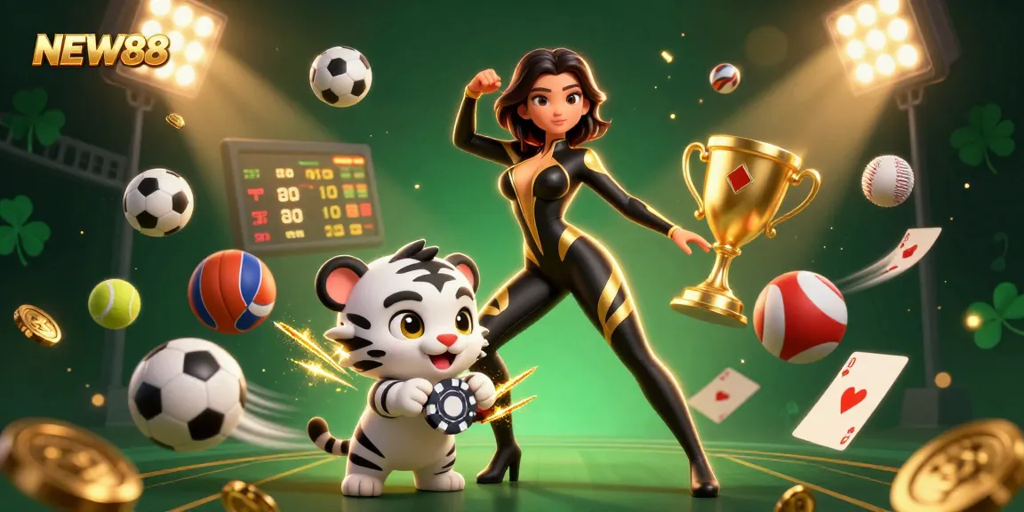 Experience thrilling sports betting with NEW88 in a vibrant 3D casino scene featuring acrobatic action.