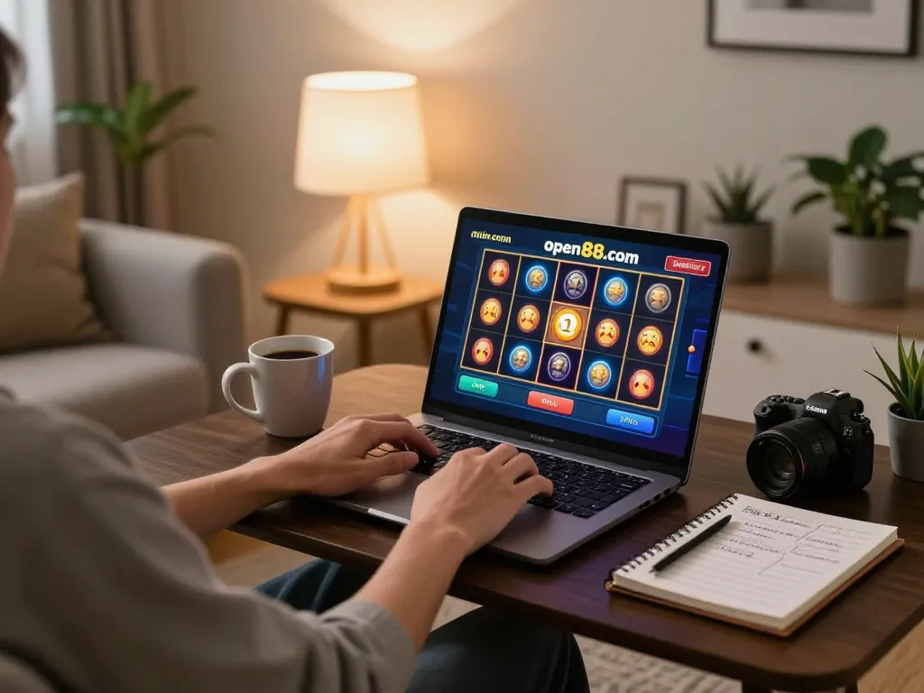 Engaging online gaming scene on open88.com with player using a laptop, showcasing fun slot game excitement.