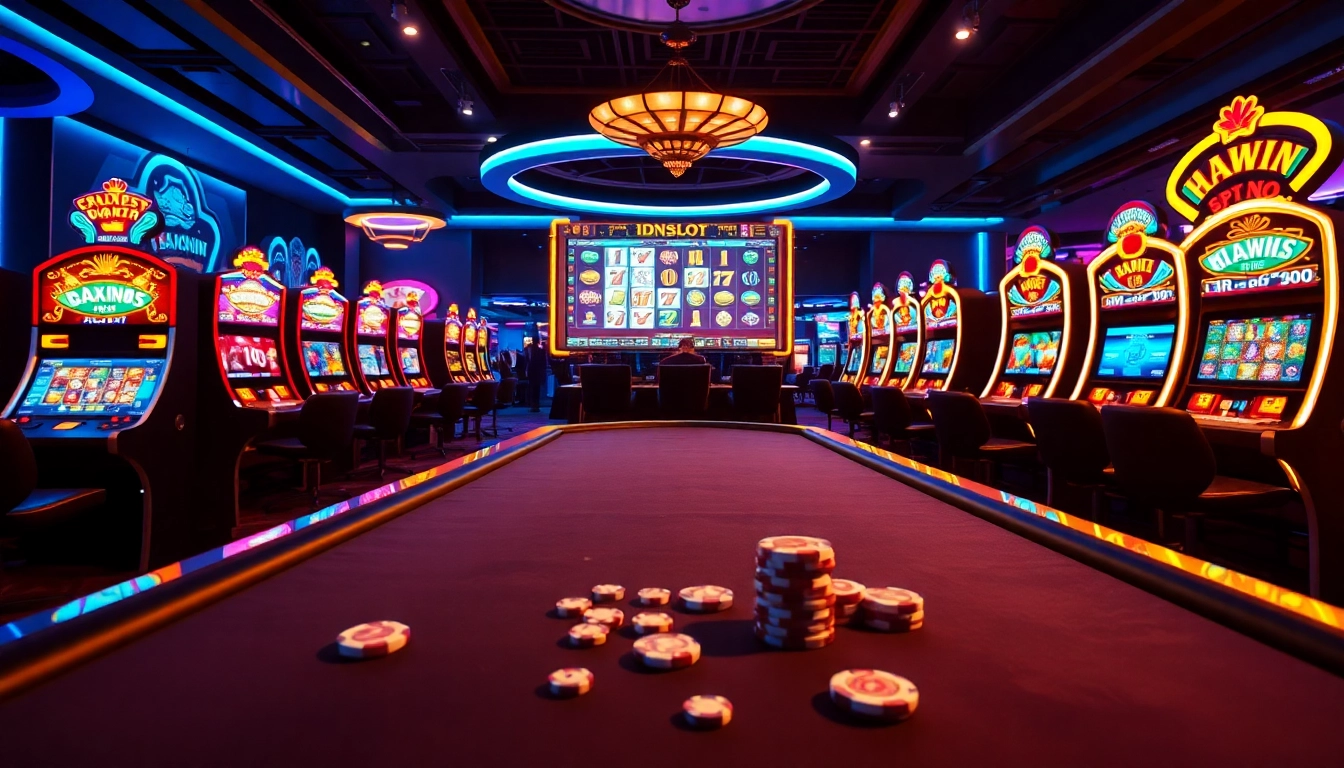Play IDNSLOT slot games with vibrant machines and an excited player celebrating massive wins.