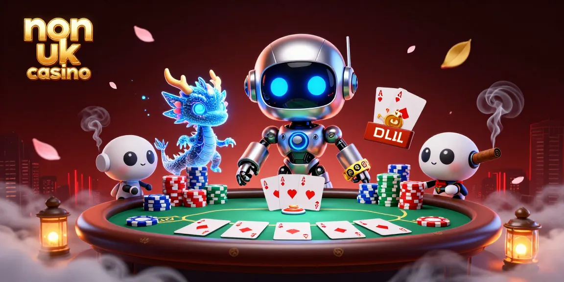 Experience the thrill of non uk casino gaming with vibrant visuals, poker elements, and bitcoin symbols.
