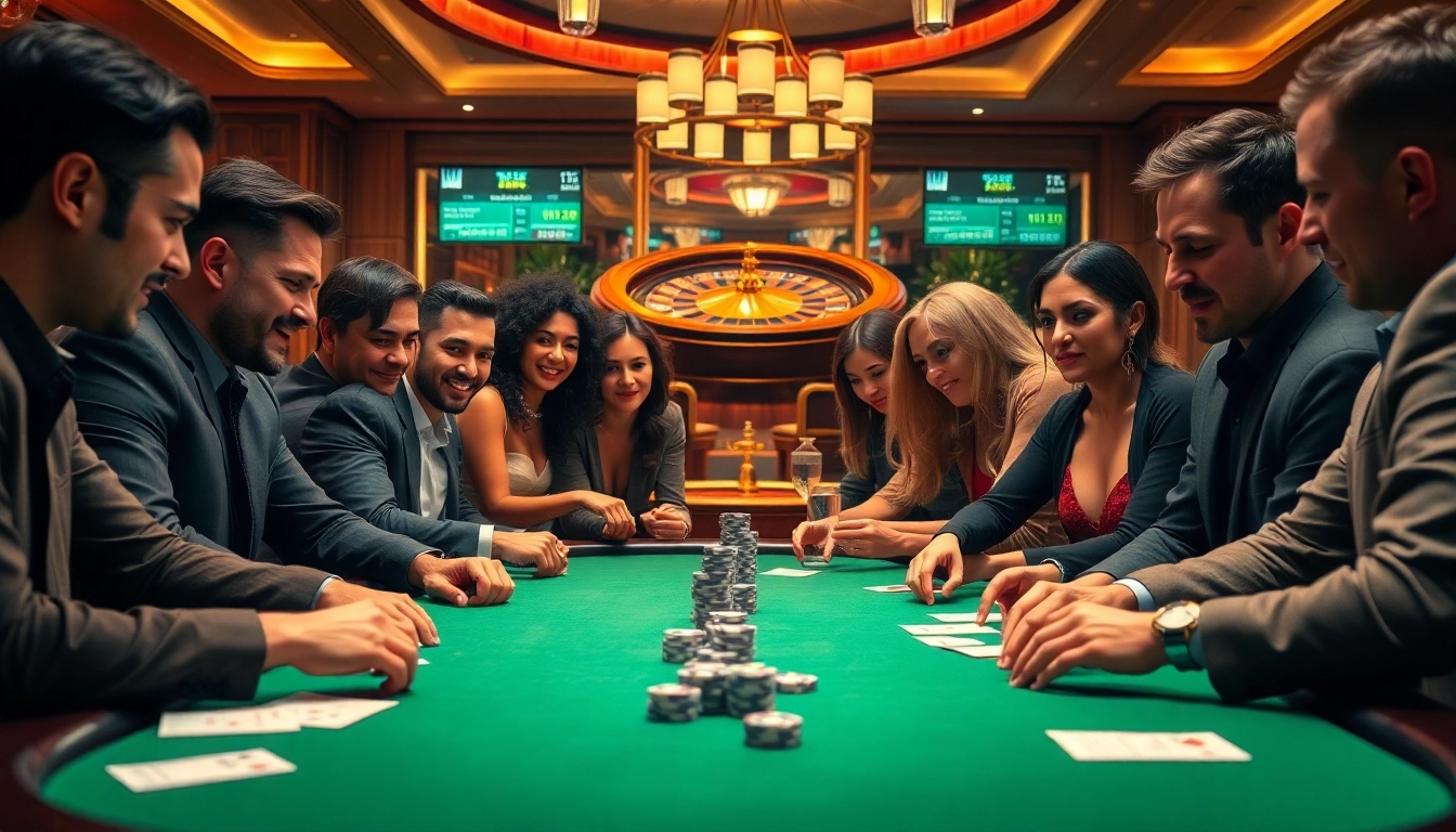 A thrilling poker game at https://bem88i.com/ featuring players and vibrant chips creating excitement.