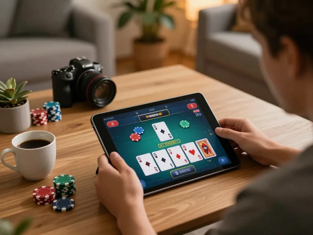Player engaging in an nk88 online poker game, focused on strategic card play in a cozy home environment.