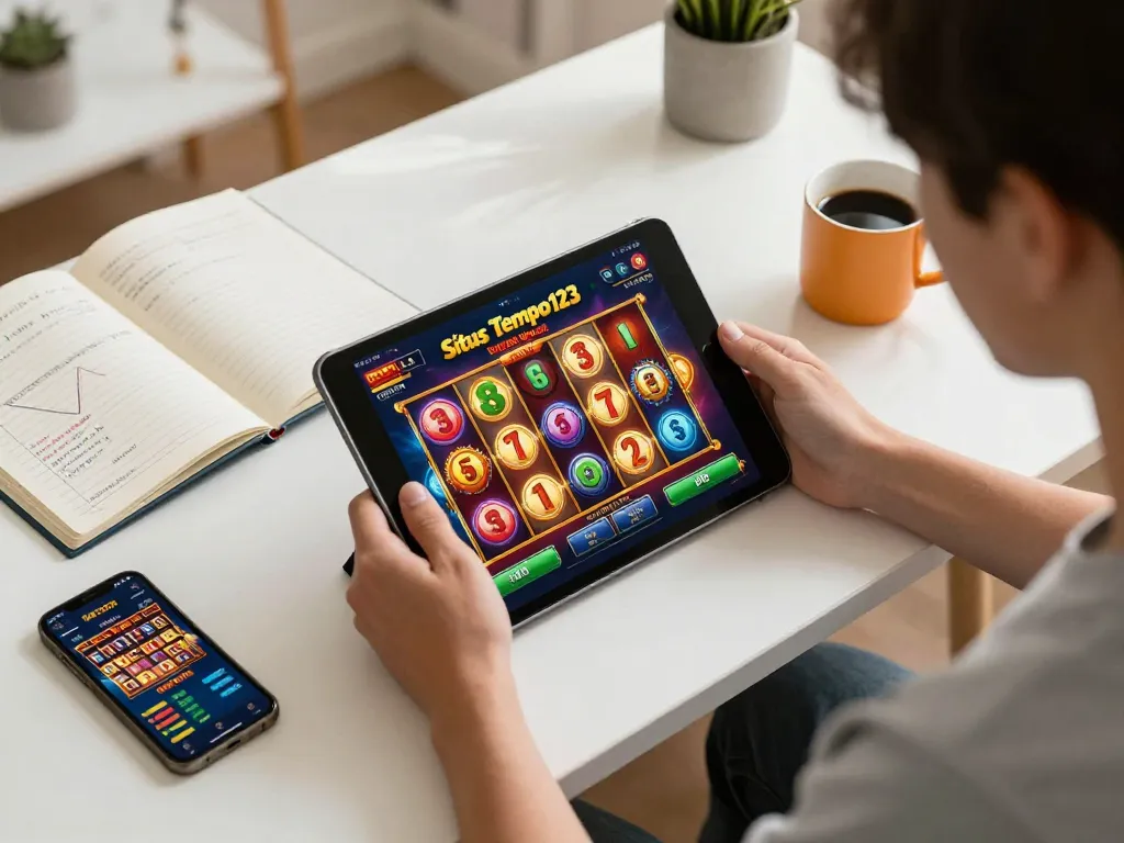 Situs Tempo123 player engaging with an online slot game on a tablet, showcasing responsible gaming atmosphere.