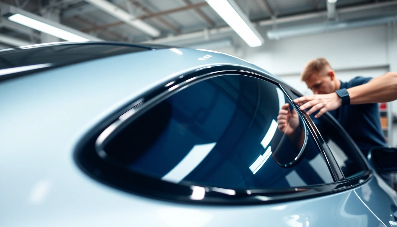 Enhancing vehicle aesthetics with ceramic window tint installation by a professional.