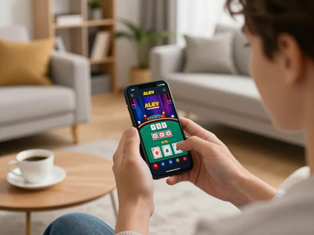 Alev Casino giris on a smartphone in a lively home setup, showing live dealer gameplay, inviting atmosphere.
