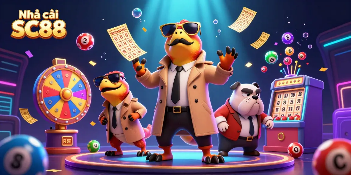 Experience the vibrant gaming atmosphere of Nhà cái SC88 with cartoon raptors and lottery elements.