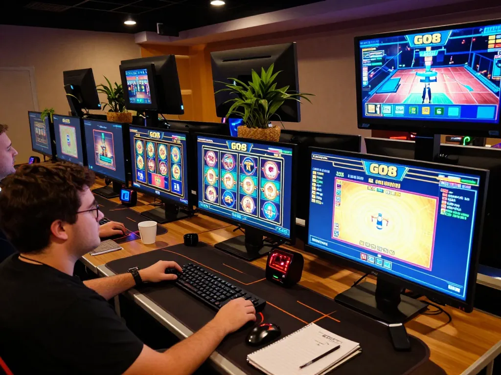 GO8 player engaging in dynamic online gaming experience, showcasing colorful slots and live dealer games