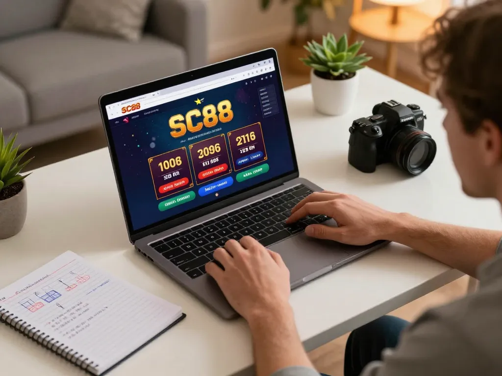 Player enjoying SC88 online gaming experience at home with strategic notes