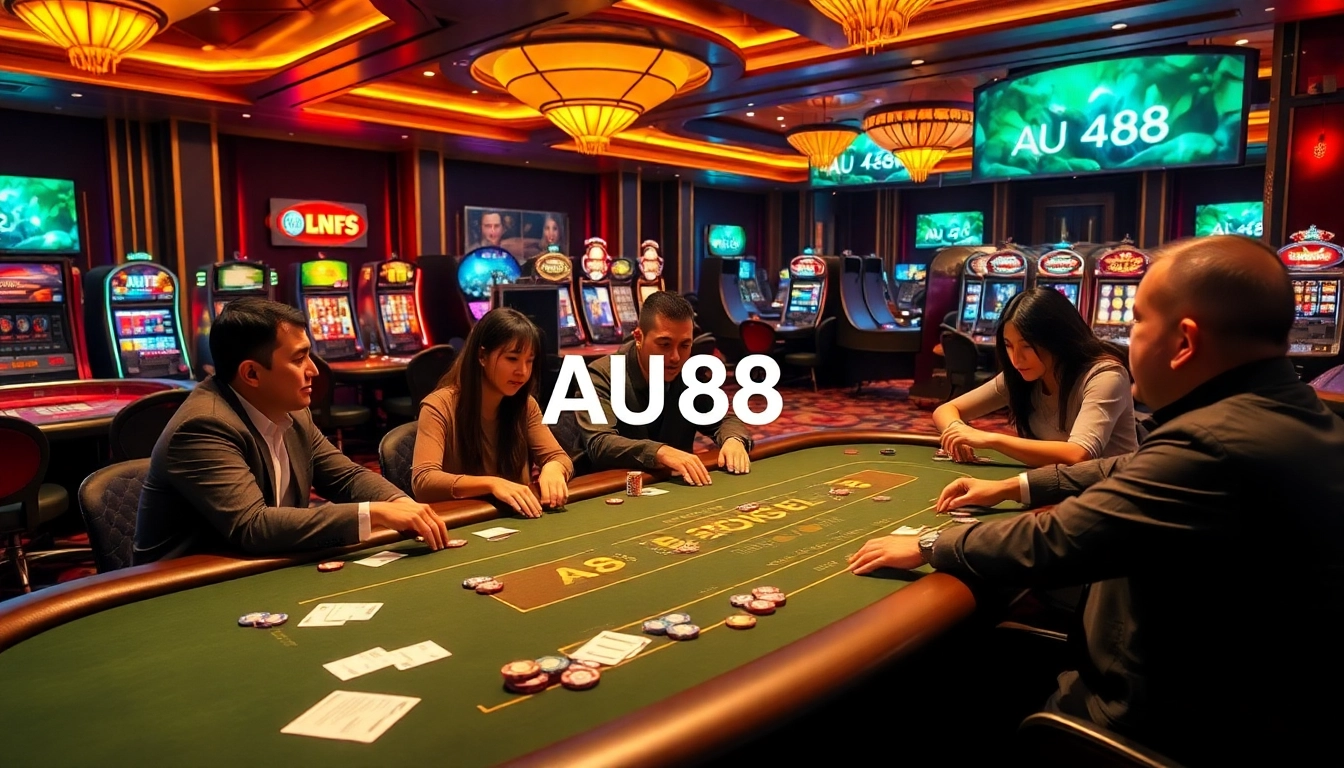 Experience high-stakes gambling with AU88 at an upscale casino featuring vibrant slot machines.