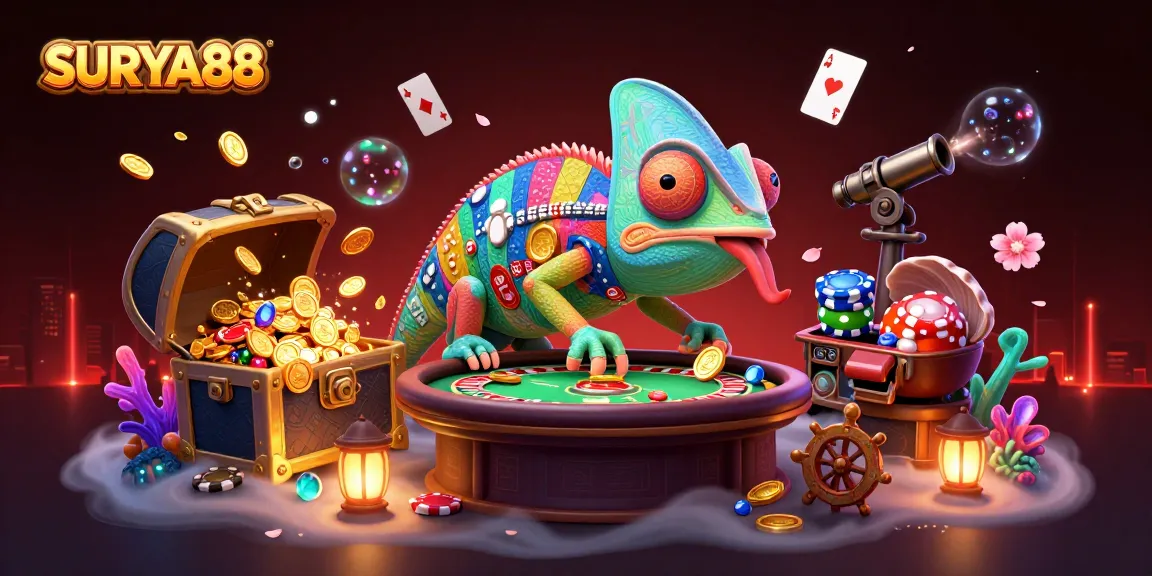 SURYA88 showcases an energetic chameleon casino scene with casino elements and vibrant treasures.