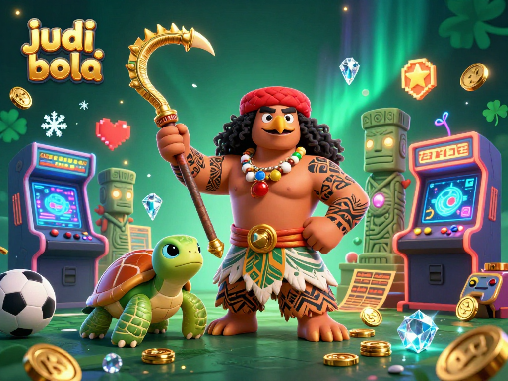 Engage in judi bola with vibrant sports elements featuring a demigod and turtle in a dazzling atmosphere.