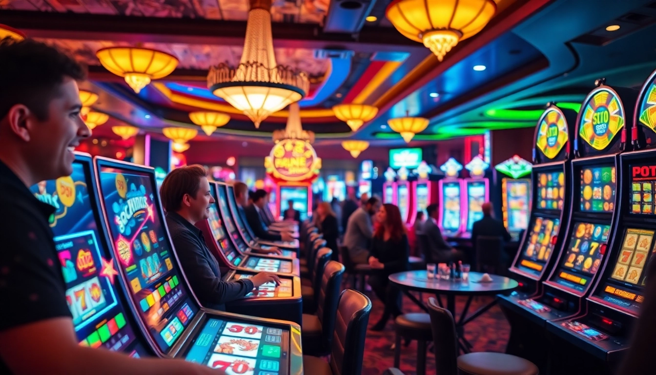 Exciting gameplay at a singapore casino, showcasing vibrant slot machines and enthusiastic players.